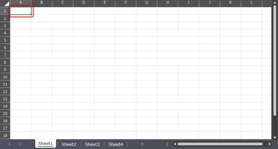 Sheet1上で[Ctrl]キー+[Home]キーを実行した状態